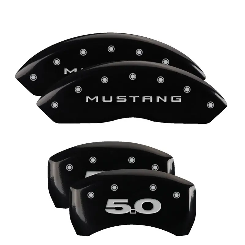 Mgp Engraved 4-Piston Caliper Covers For Ford Mustang (Front & Rear, Black W/ Silver Accents) 1
