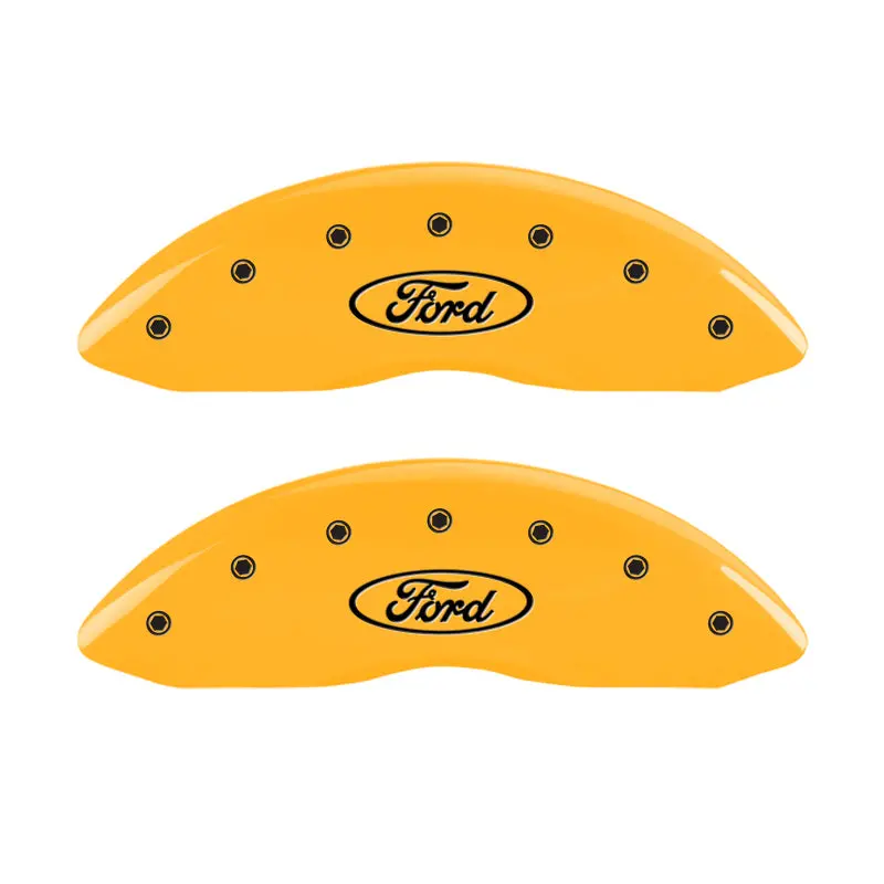 Mgp Engraved 4-Piston Caliper Covers For Ford Vehicles – Front & Rear, Oval Logo Design, Yellow Finish With Black Chrome Accents 1