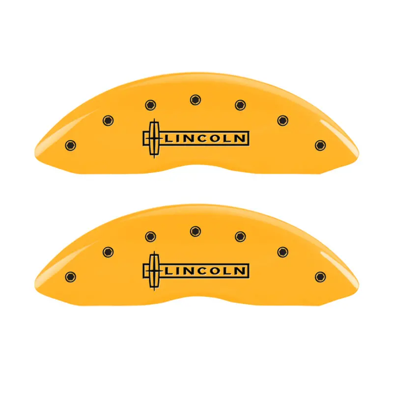 Mgp Engraved 4-Piston Caliper Covers – Front & Rear For Lincoln Mks, Yellow Finish On Black Base 1